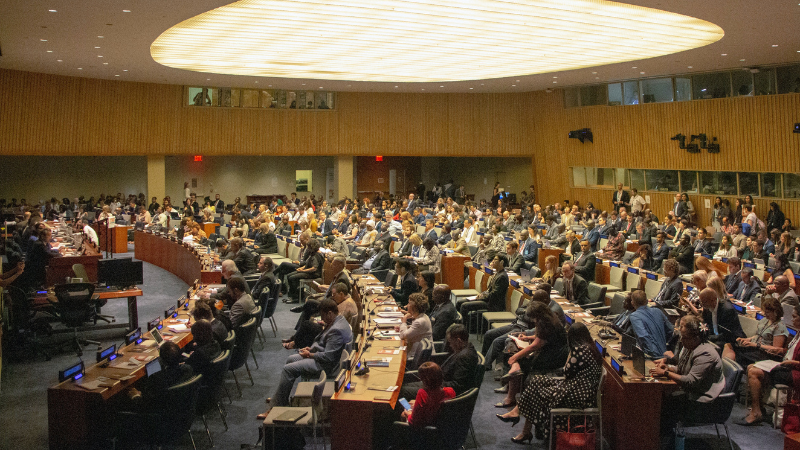 UN voting room during first tax convention vote