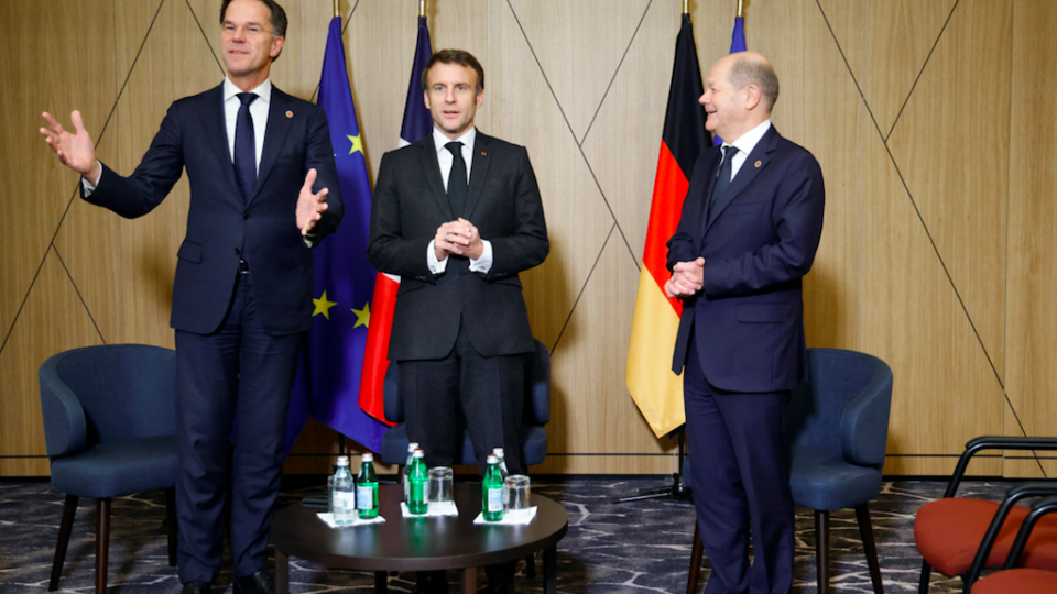 French president Macron (centre), alongside Dutch prime minister Rutte and chancellor Scholz. Made in Europe; France launches ambitious EU industry proposal