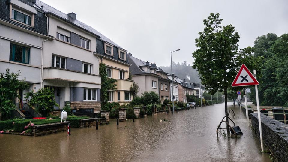 Flooding in a street in Clausen, Luxembourg, July 2021. Photo by Tristan Schmurr via Flickr, CC BY 2.0 DEED.: Flooding in a street in Clausen, Luxembourg, July 2021. Photo by Tristan Schmurr via Flickr, CC BY 2.0 DEED.: