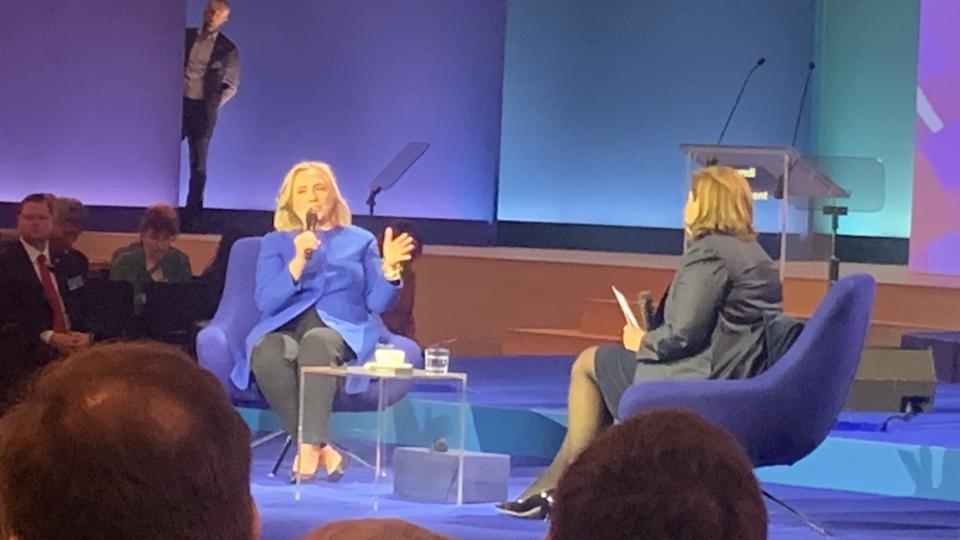 Hillary Clinton at the 2022 Amundi World Investment Forum in Paris. Hillary Clinton at the 2022 Amundi World Investment Forum in Paris.